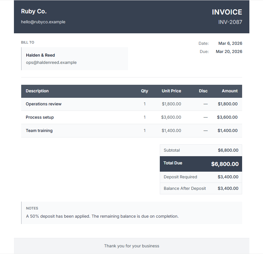 Corporate invoice template in Opsette