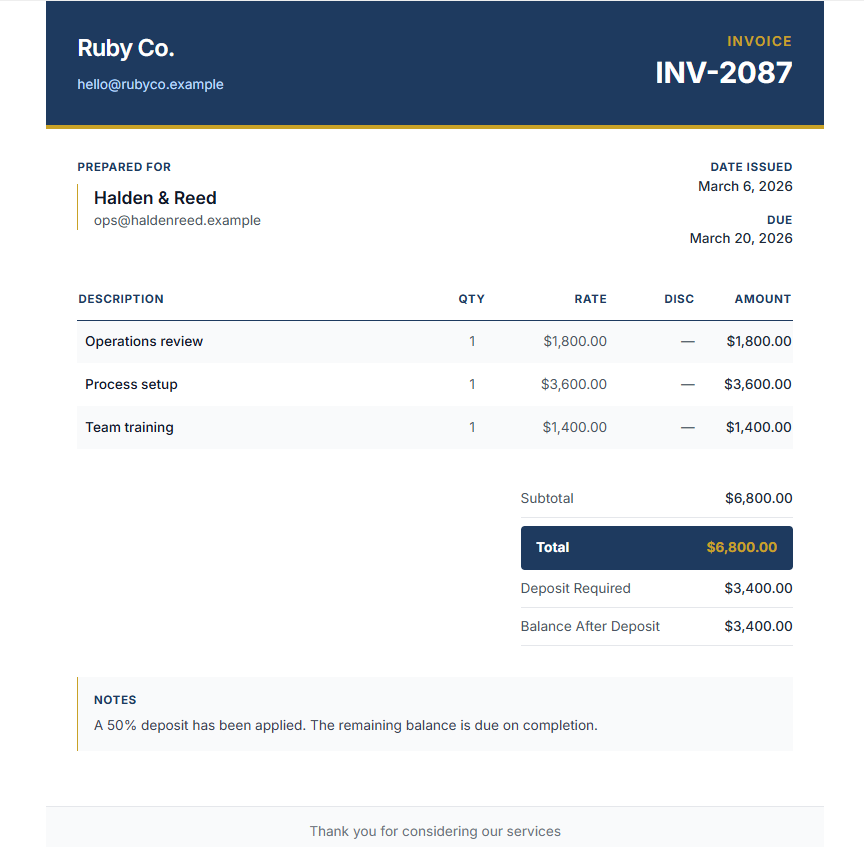 Executive invoice template in Opsette