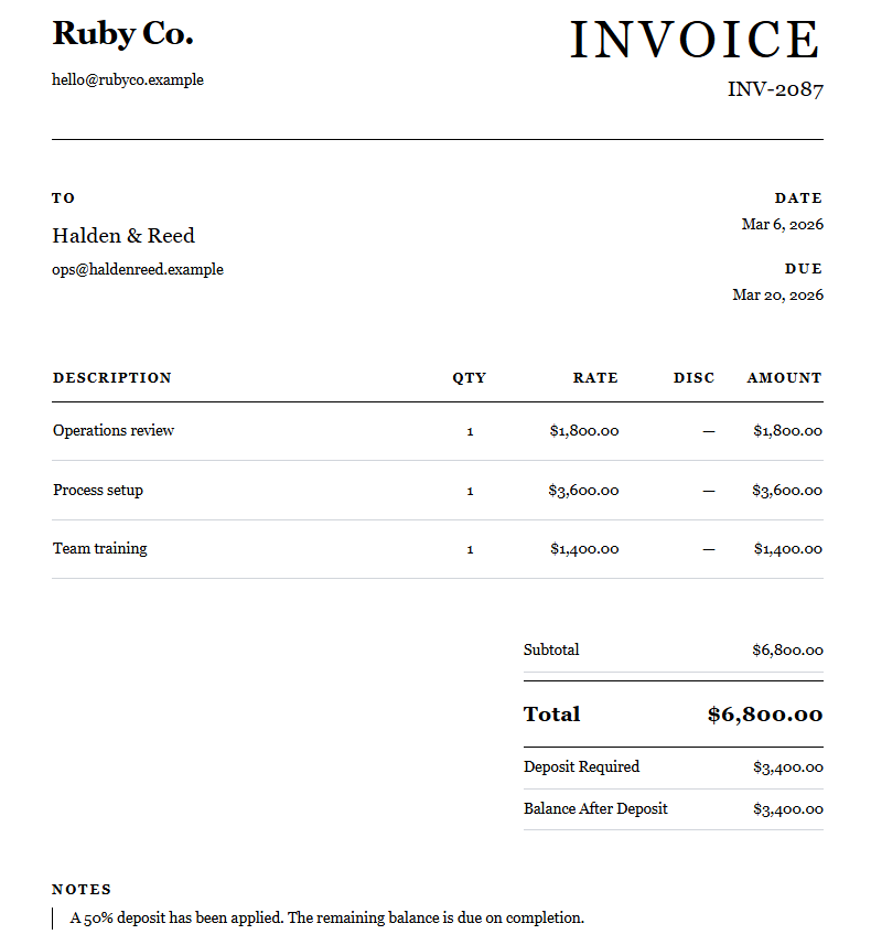 Monochrome invoice template in Opsette
